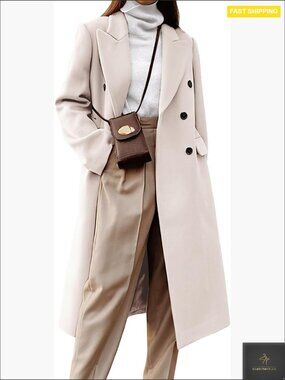 Long Double Breasted Wool Coat Notch Lapel Peacoat Below Knee Length Classic
